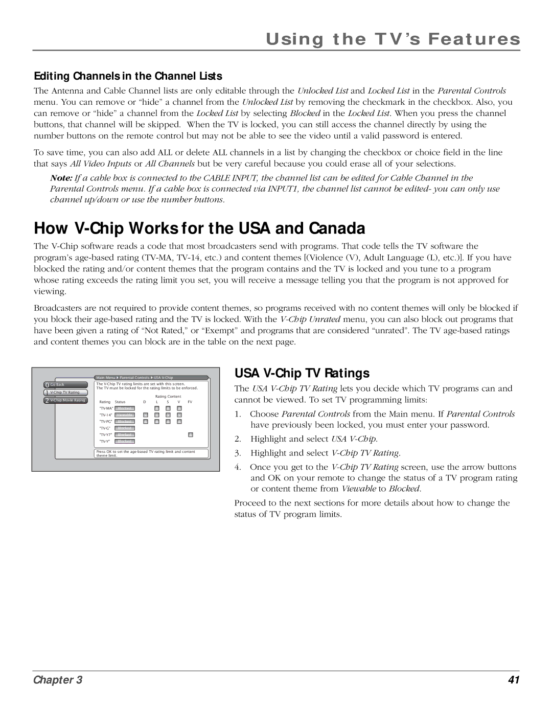 InFocus 50md10 manual How V-Chip Works for the USA and Canada, USA V-Chip TV Ratings, Editing Channels in the Channel Lists 