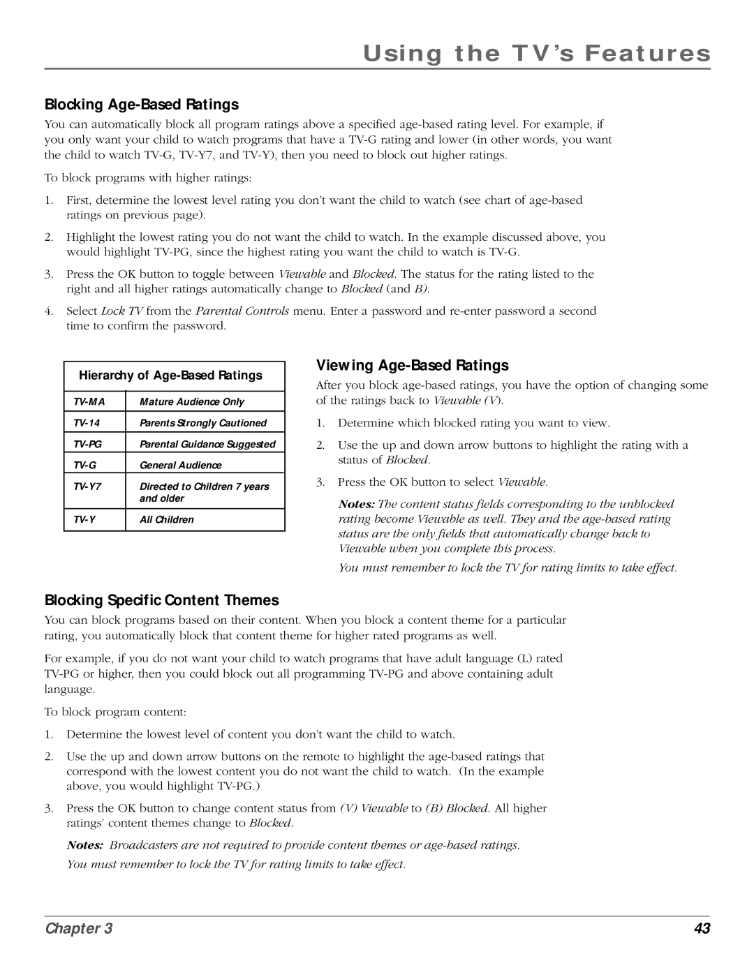 InFocus 50md10, 61md10 manual Blocking Age-Based Ratings, Viewing Age-Based Ratings, Blocking Specific Content Themes 