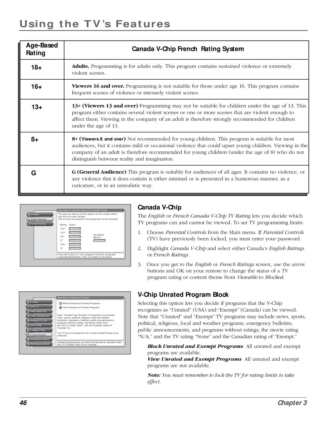 InFocus 61md10, 50md10 manual Age-Based Canada V-Chip French Rating System 18+, 16+, 13+, Chip Unrated Program Block 