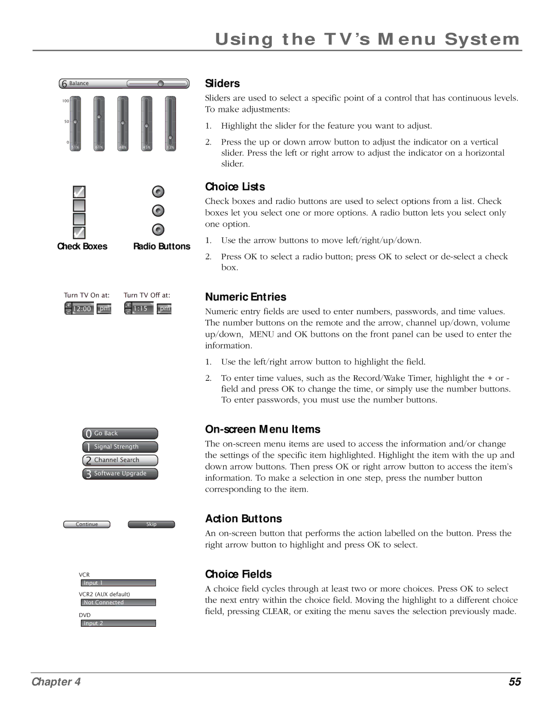 InFocus 50md10, 61md10 manual Sliders, Choice Lists, Numeric Entries, On-screen Menu Items, Action Buttons, Choice Fields 