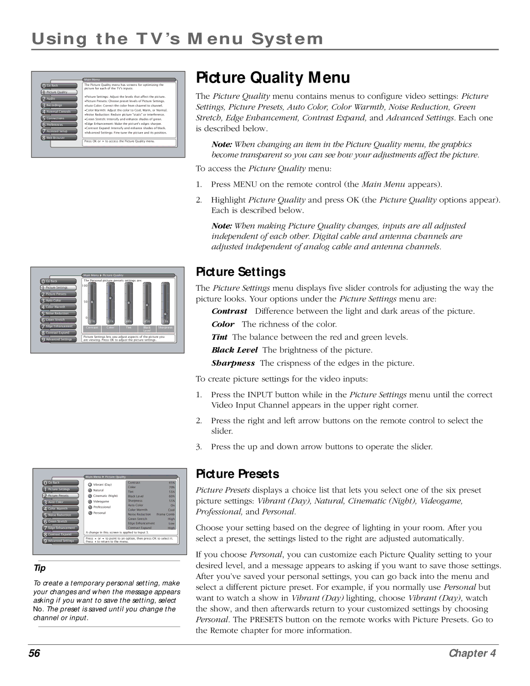 InFocus 61md10, 50md10 manual Picture Quality Menu, Picture Settings, Picture Presets 