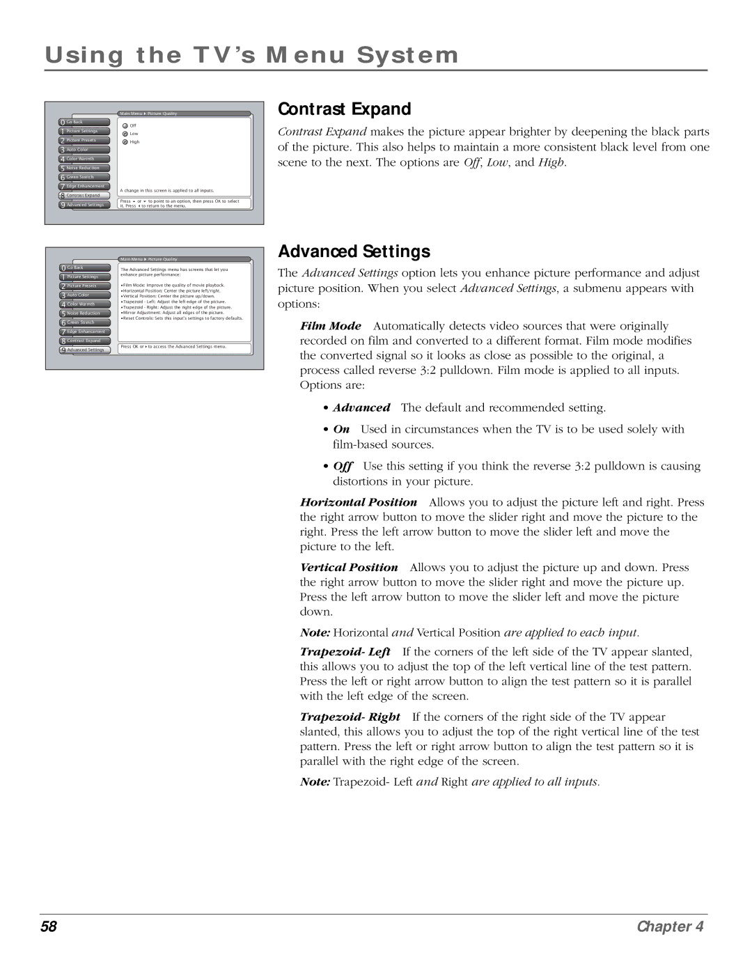 InFocus 61md10, 50md10 manual Contrast Expand, Advanced Settings Main Menu Picture Quality 