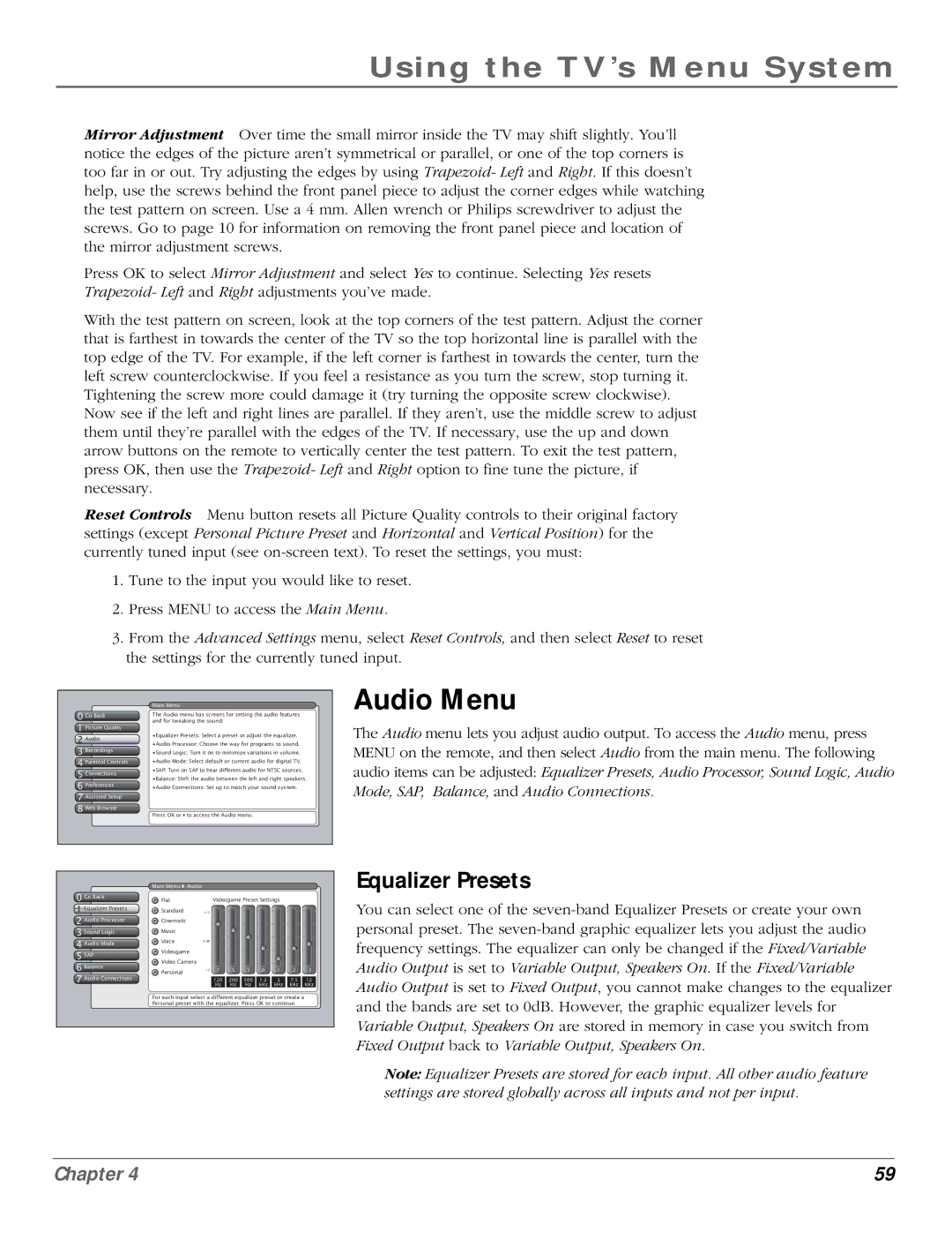 InFocus 50md10, 61md10 manual Audio Menu, Equalizer Presets 