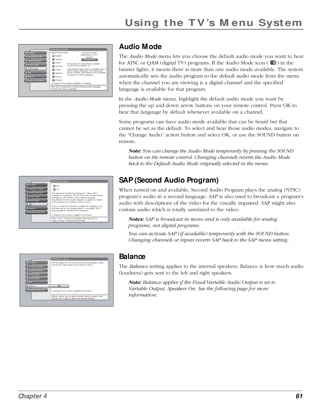 InFocus 50md10, 61md10 manual Audio Mode, SAP Second Audio Program, Balance 