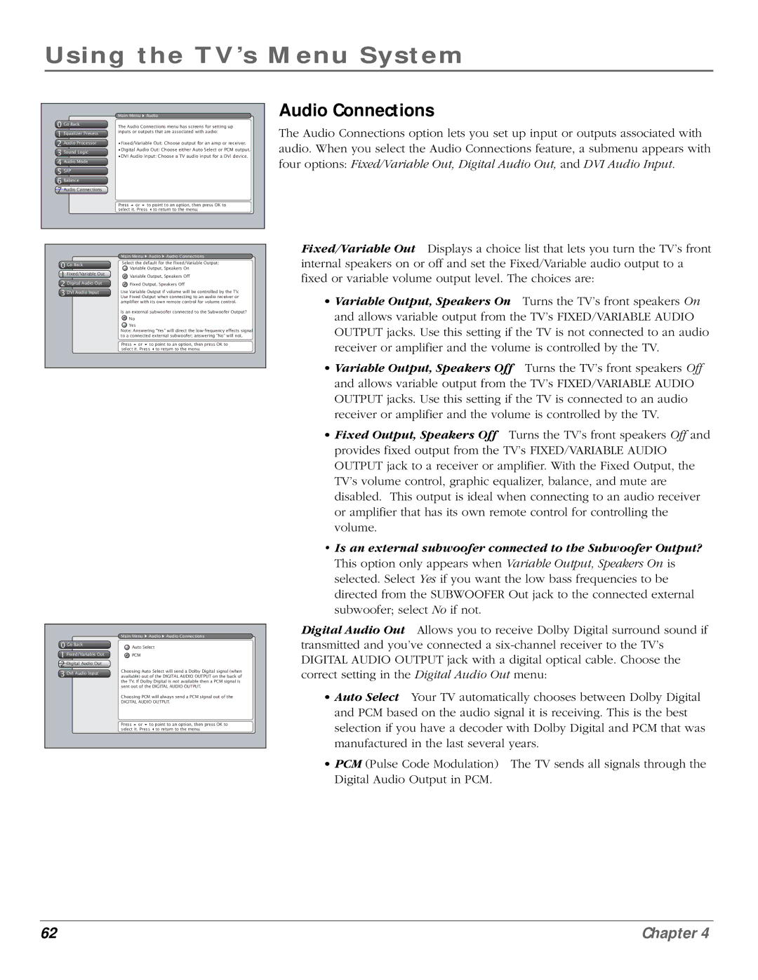 InFocus 61md10, 50md10 manual Balance, Go Back Fixed/Variable Out, DVI Audio Input Main Menu Audio Audio Connections 