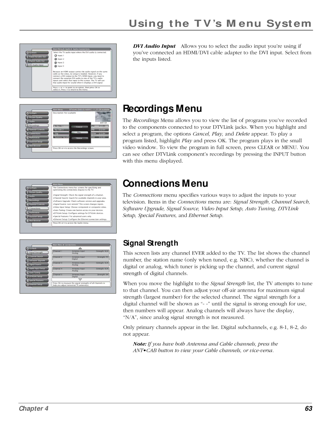 InFocus 50md10, 61md10 manual Recordings Menu, Connections Menu, Signal Strength 