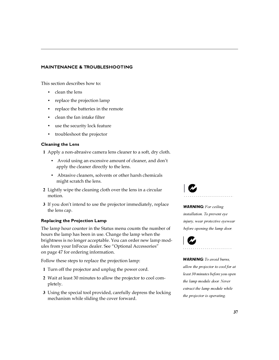 InFocus 630 manual Maintenance & Troubleshooting, Cleaning the Lens, Replacing the Projection Lamp 