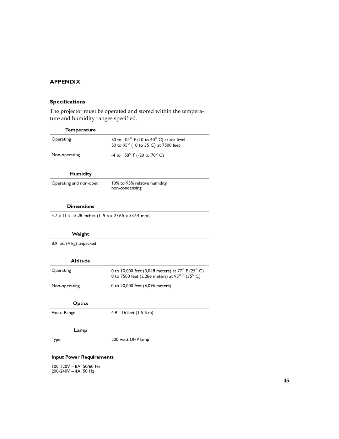 InFocus 630 manual Appendix, Specifications 