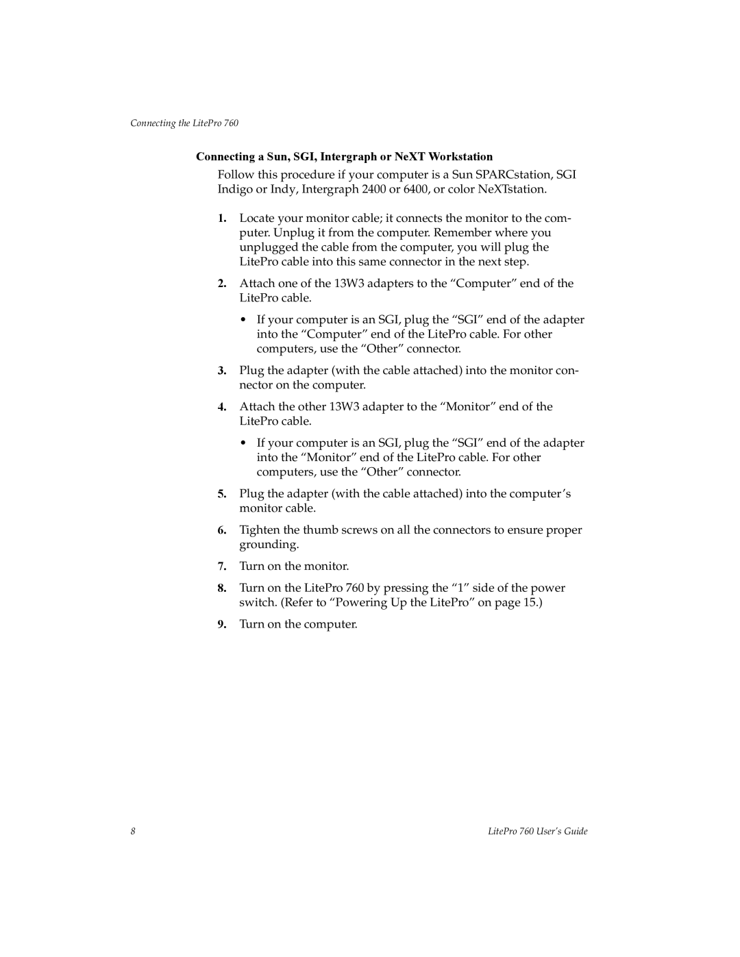 InFocus 760 manual Connecting a Sun, SGI, Intergraph or NeXT Workstation 