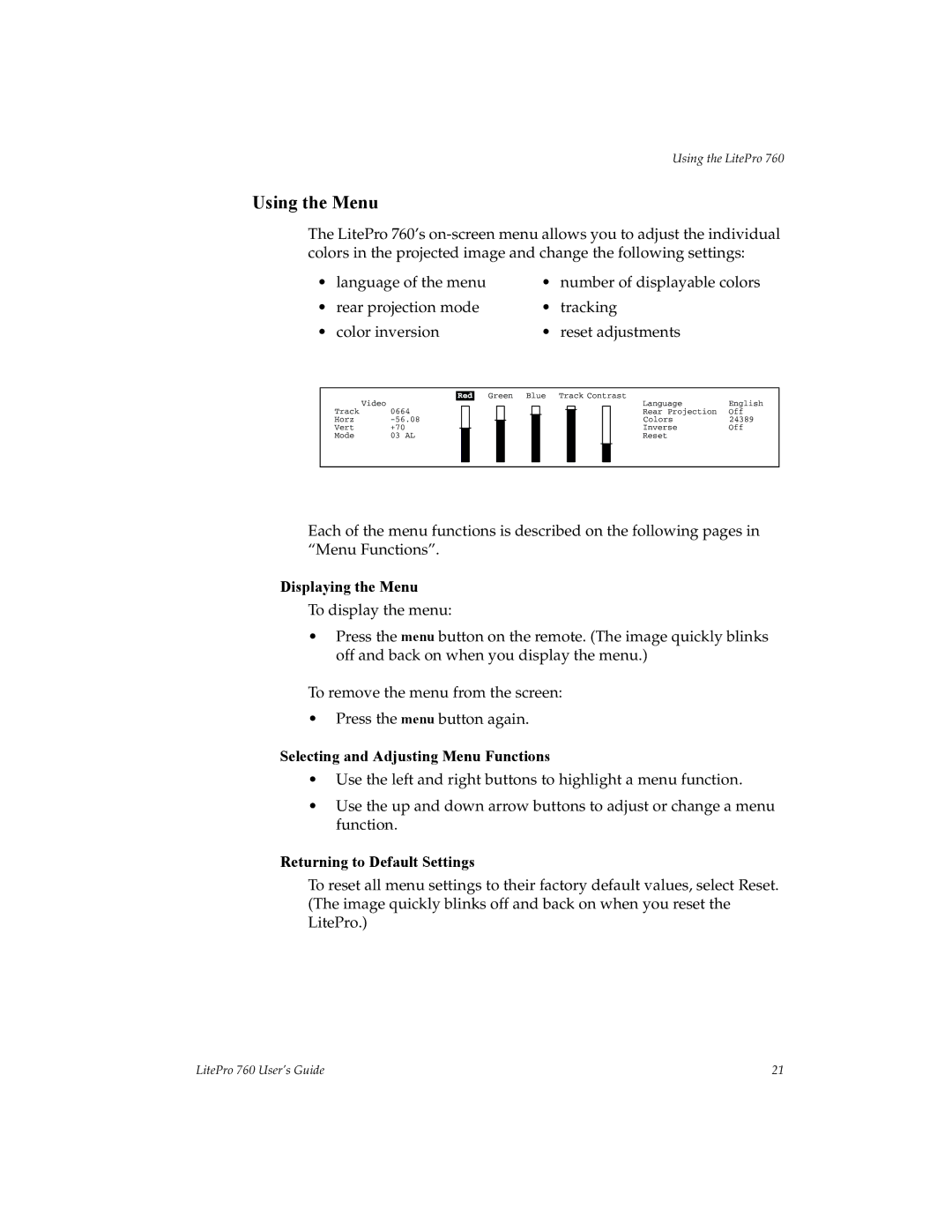 InFocus 760 Using the Menu, Displaying the Menu, Selecting and Adjusting Menu Functions, Returning to Default Settings 