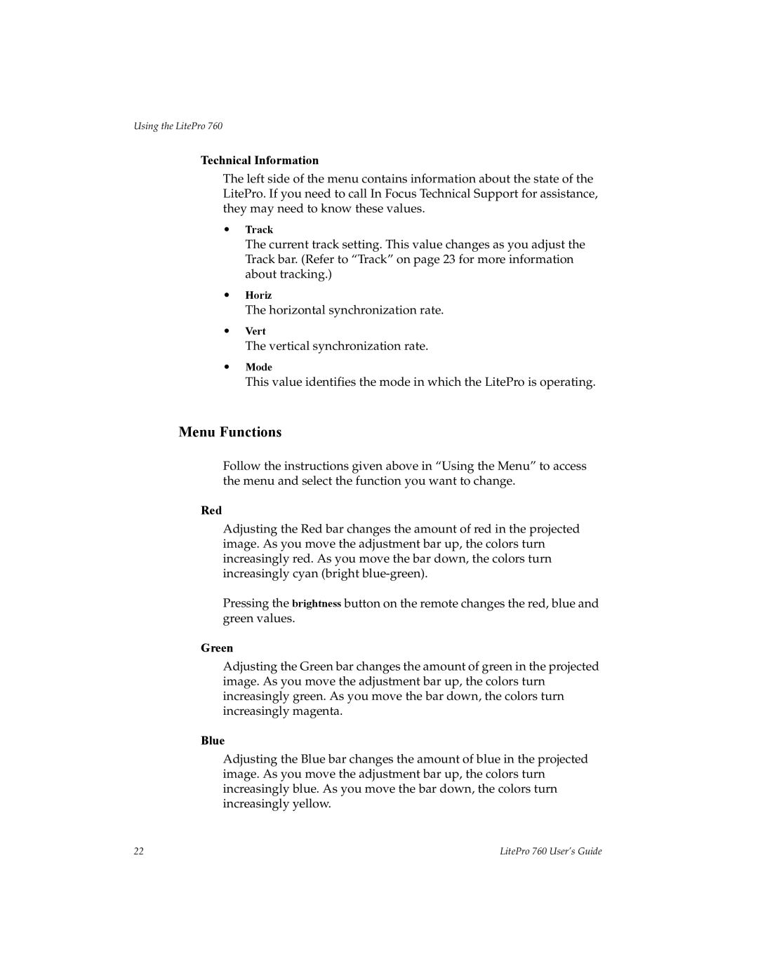 InFocus 760 manual Menu Functions, Technical Information, Red, Green, Blue 