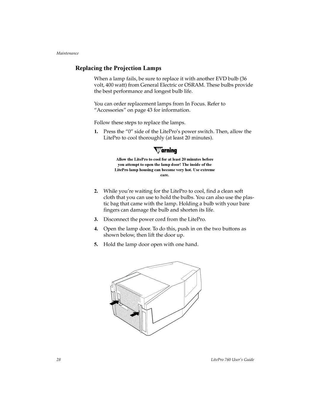 InFocus 760 manual Replacing the Projection Lamps 