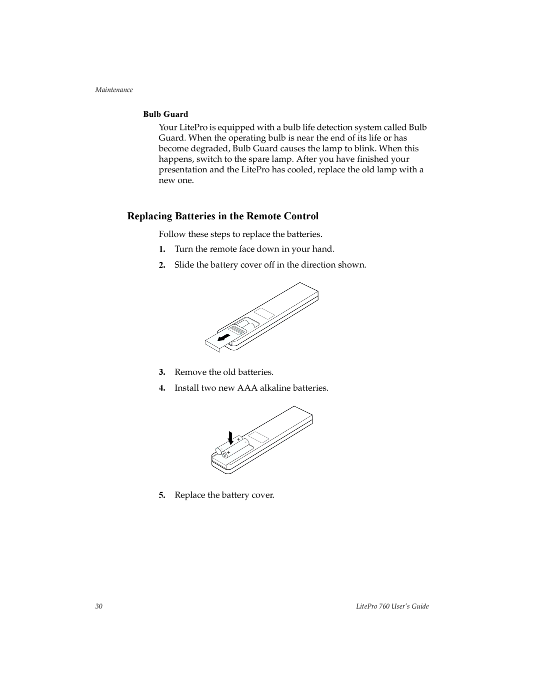 InFocus 760 manual Replacing Batteries in the Remote Control, Bulb Guard 