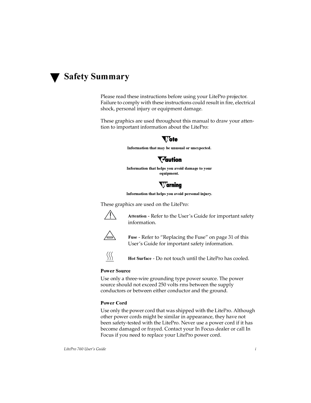 InFocus 760 manual Safety Summary, Power Source, Power Cord 