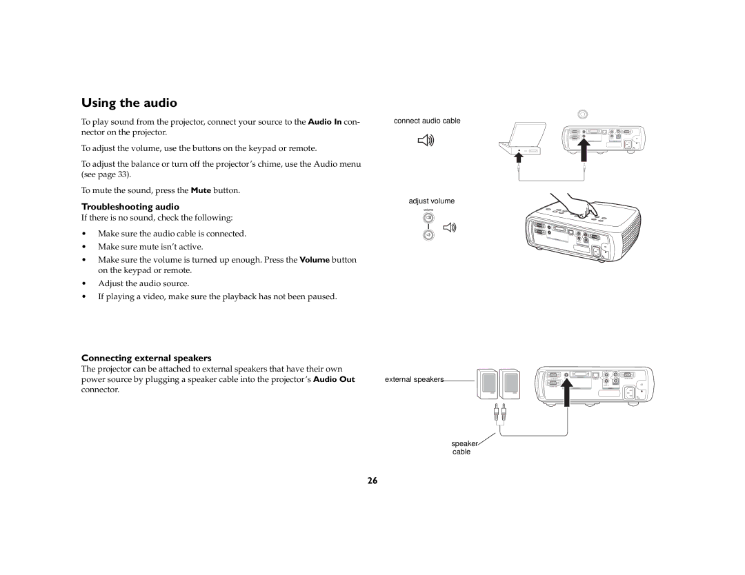 InFocus C160 manual Using the audio, Troubleshooting audio, Connecting external speakers 