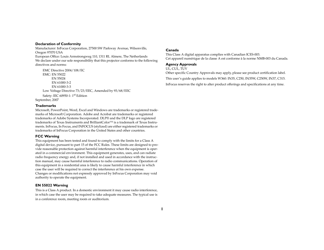 InFocus C315, C250W manual Declaration of Conformity, Trademarks, FCC Warning, EN 55022 Warning, Canada, Agency Approvals 