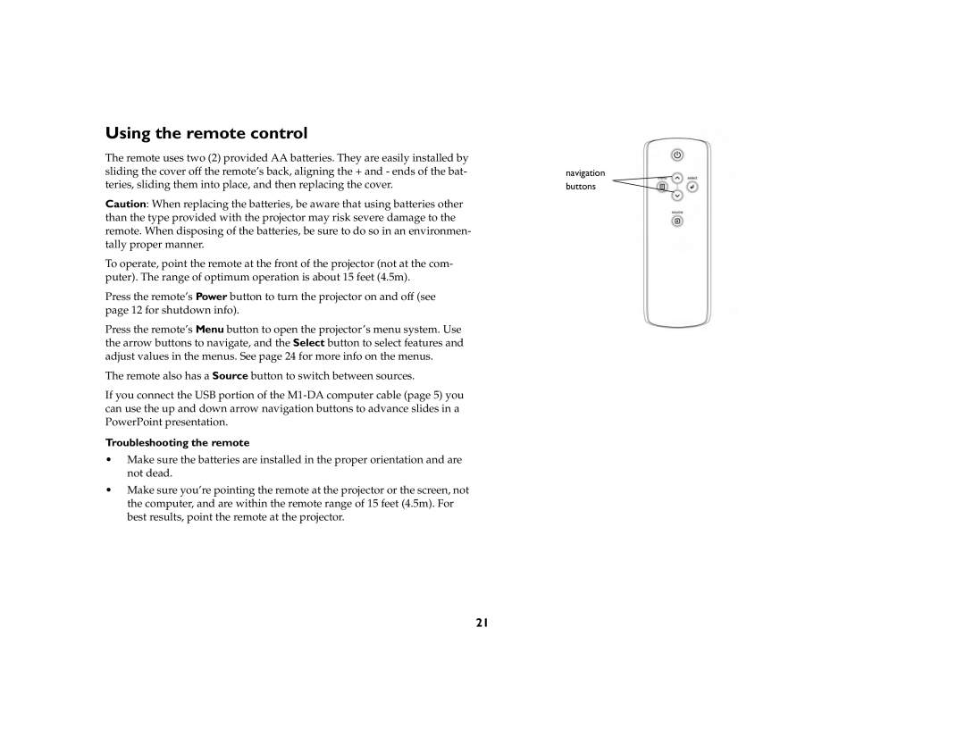 InFocus C250W, C315 manual Using the remote control, Troubleshooting the remote 