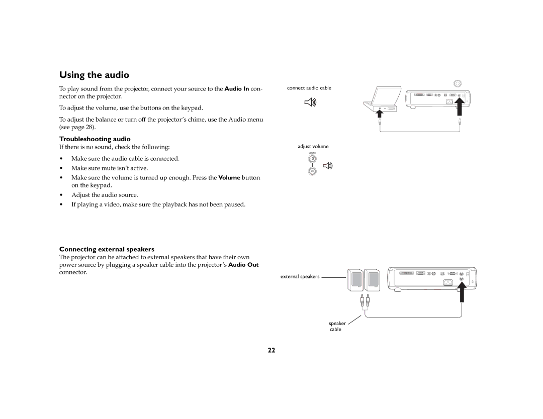 InFocus C315, C250W manual Using the audio, Troubleshooting audio, Connecting external speakers 