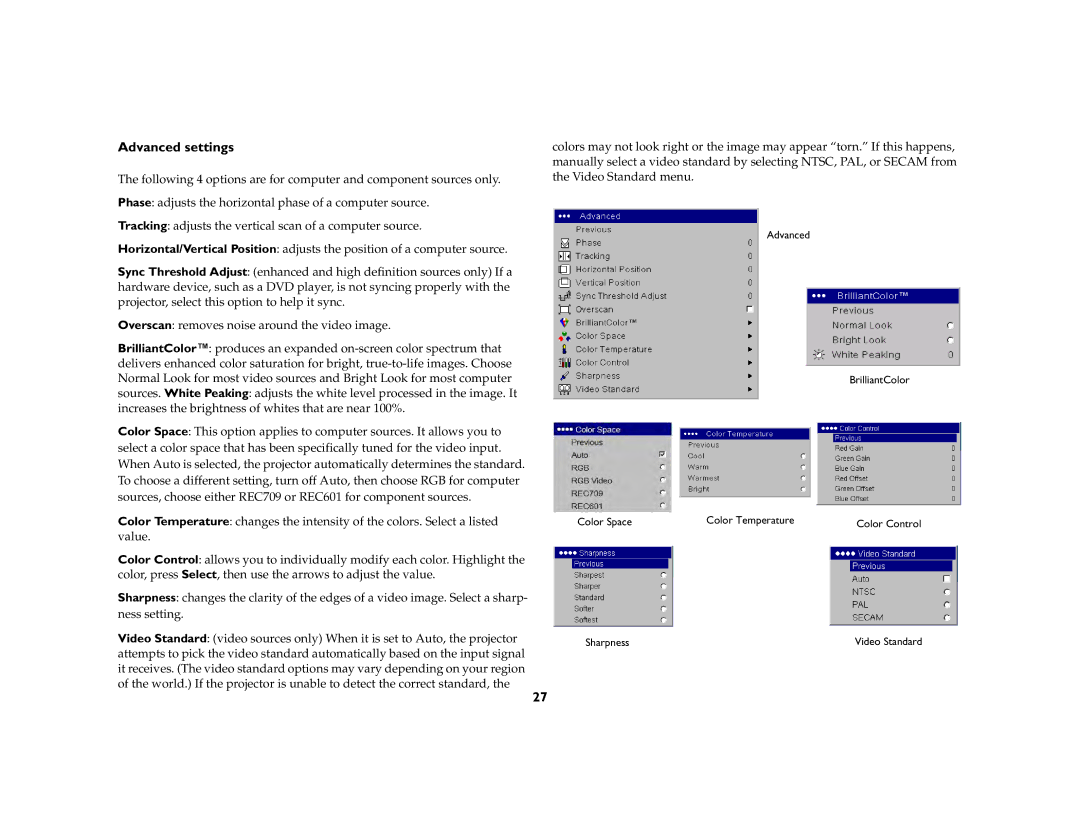 InFocus C250W, C315 manual Advanced settings 