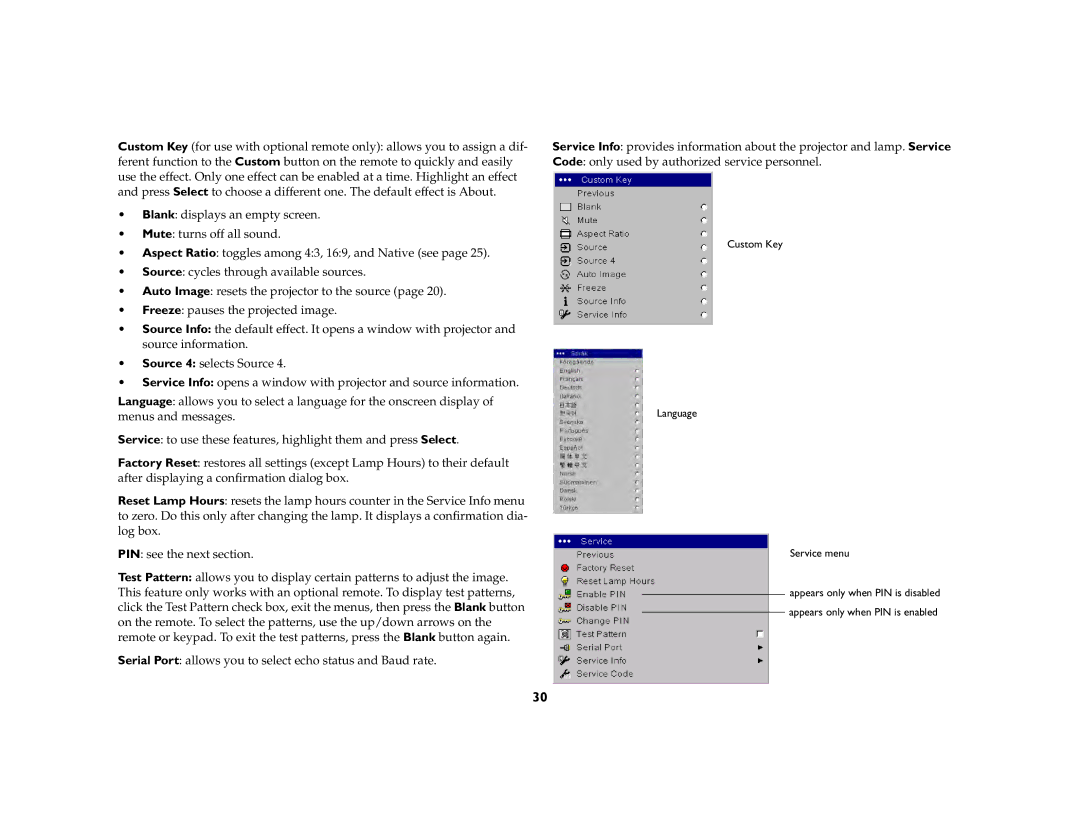 InFocus C250W, C315 manual Custom Key Language Service menu 