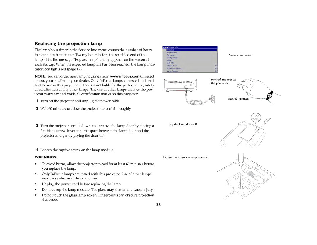 InFocus C250W, C315 manual Replacing the projection lamp 