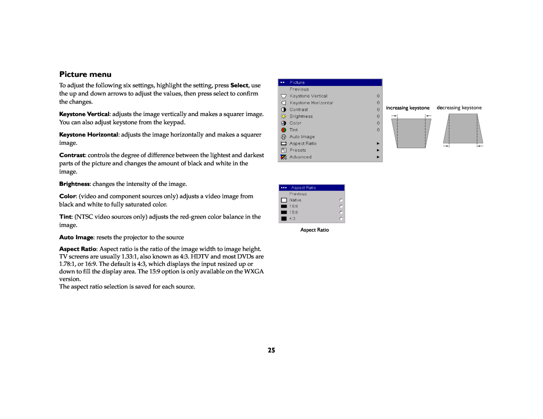InFocus C315, C250W manual Picture menu 