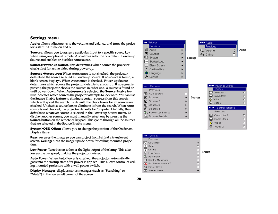 InFocus C315, C250W manual Settings menu 