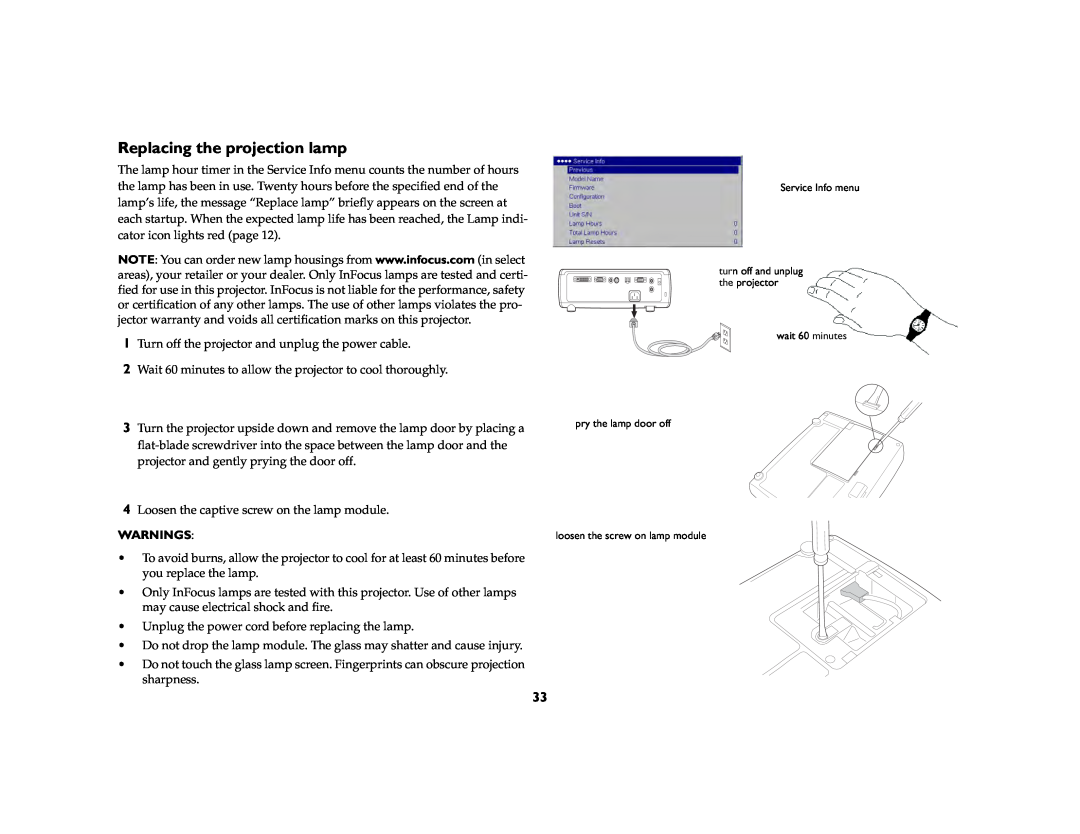 InFocus C250W, C315 manual Replacing the projection lamp, Warnings 