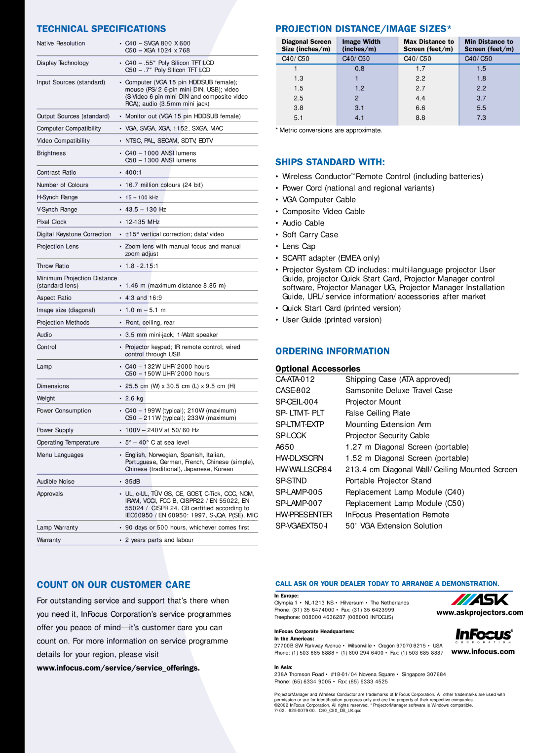 InFocus C40/C50 Technical Specifications, Count on OUR Customer Care, Projection DISTANCE/IMAGE Sizes, Ships Standard with 