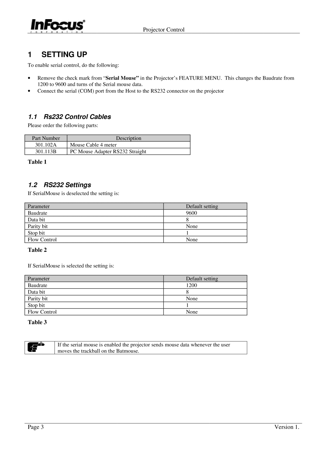 InFocus C95, C85, C105 manual Setting UP, Rs232 Control Cables, RS232 Settings 