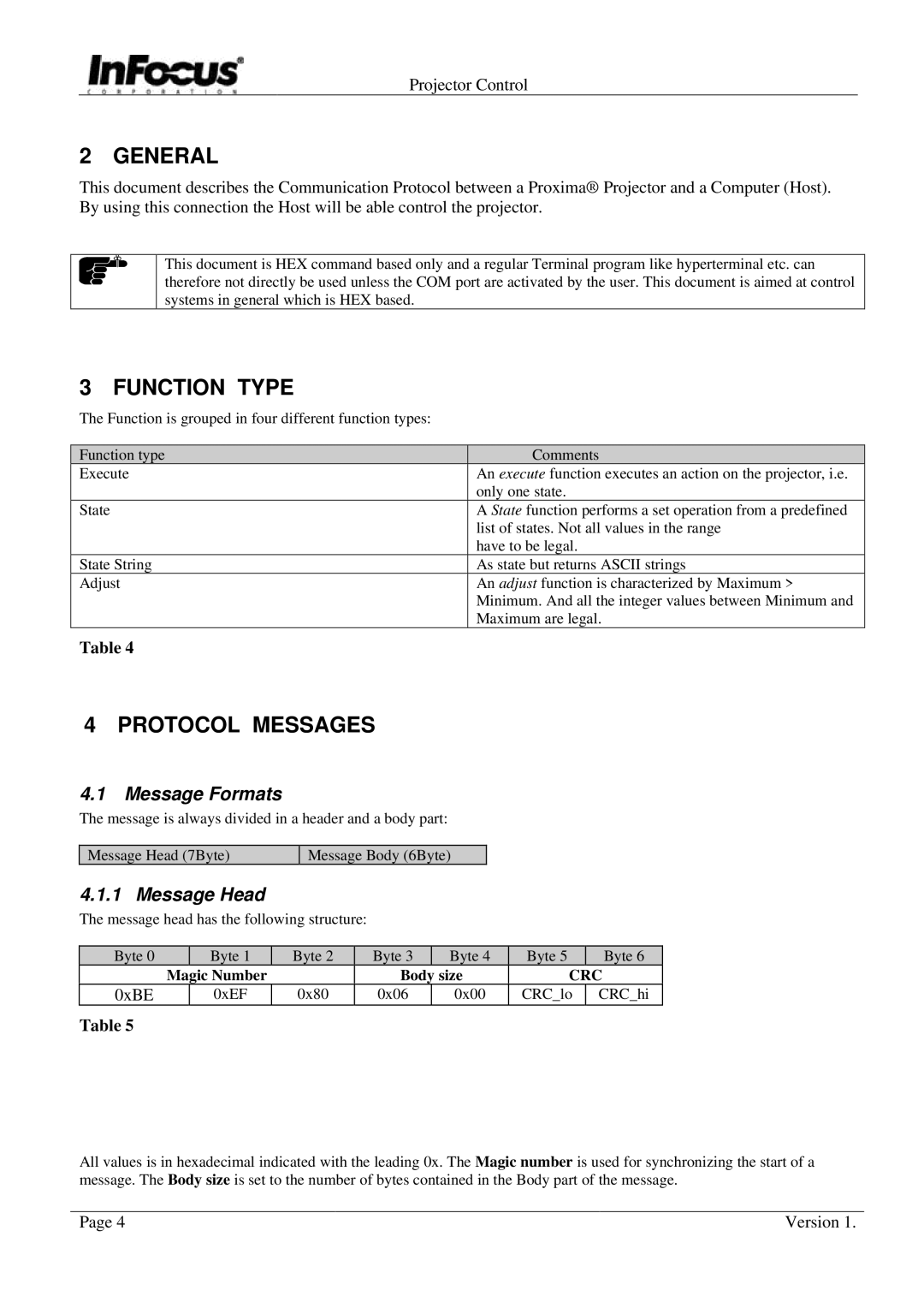 InFocus C85, C95, C105 manual General, Function Type, Protocol Messages, Message Formats, Message Head 