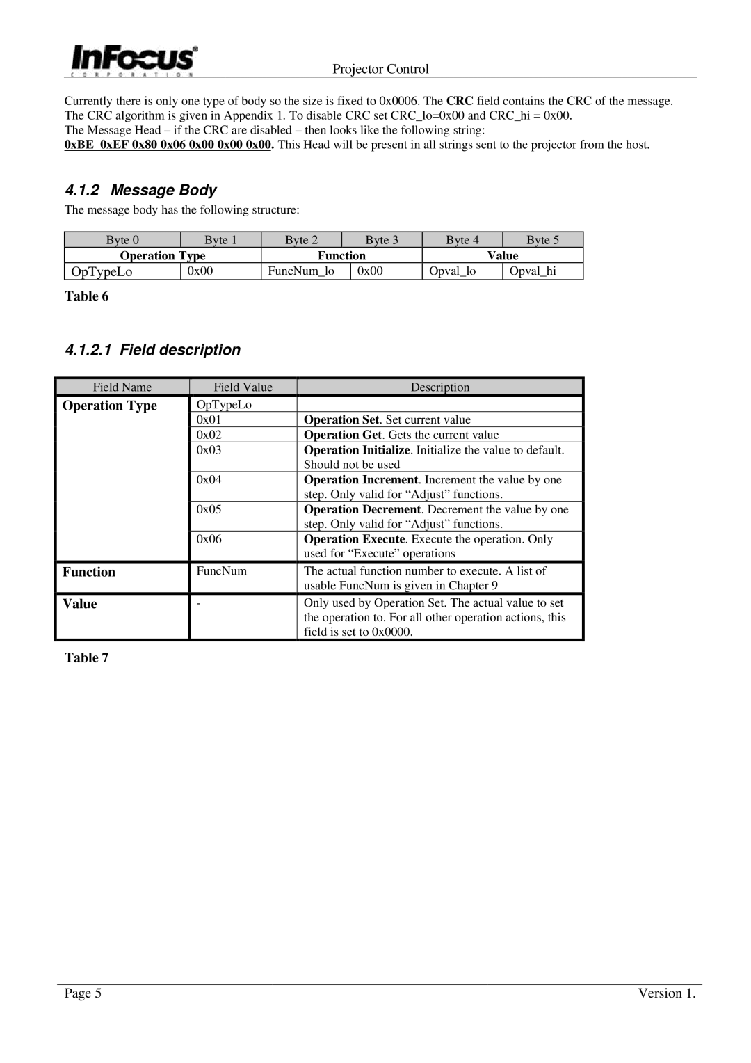 InFocus C105, C95, C85 manual Message Body, Field description, OpTypeLo 