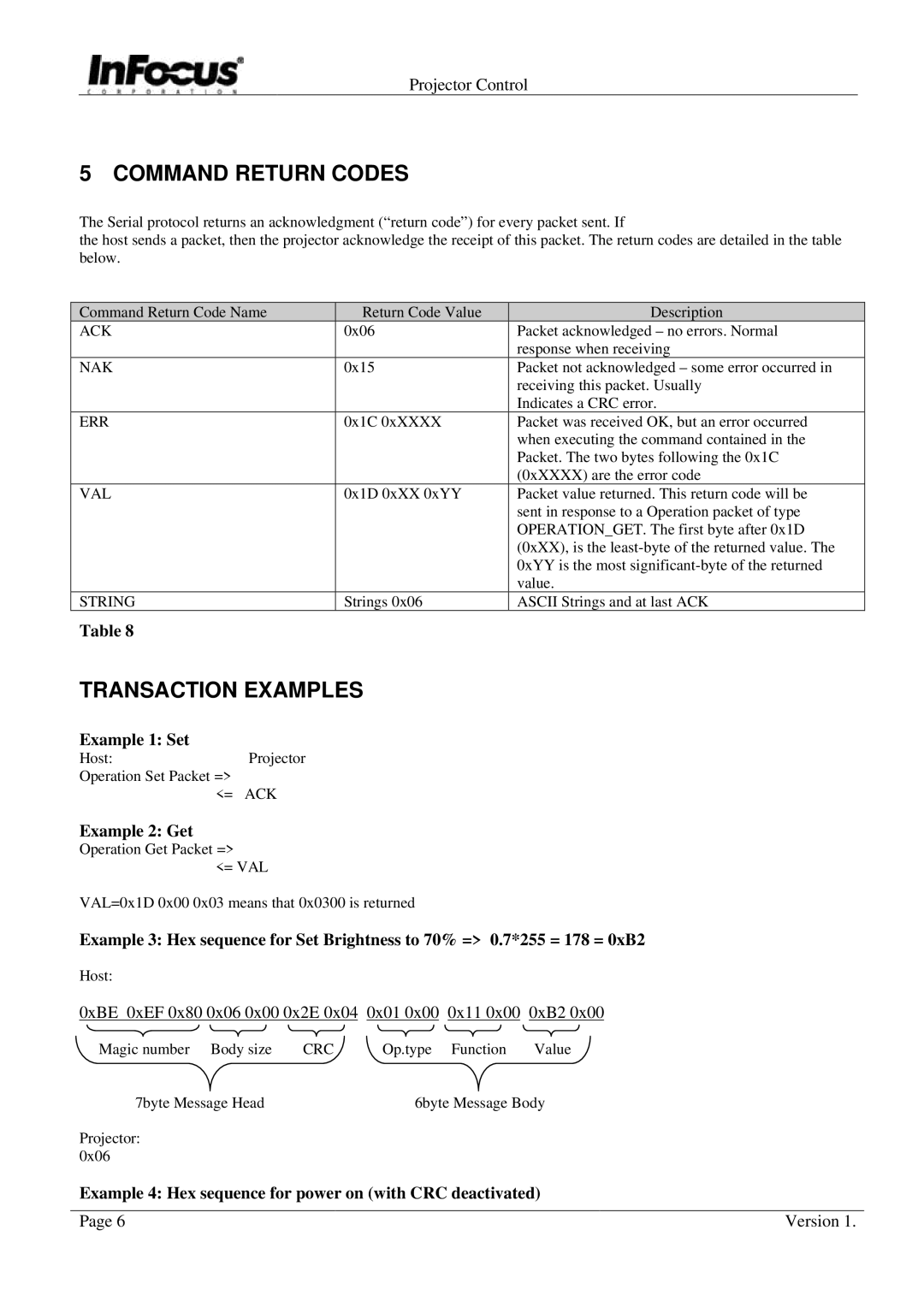 InFocus C95, C85 Command Return Codes, Transaction Examples, 0xBE 0xEF 0x80 0x06 0x00 0x2E 0x04 0x01 0x00 0x11 0x00 0xB2 