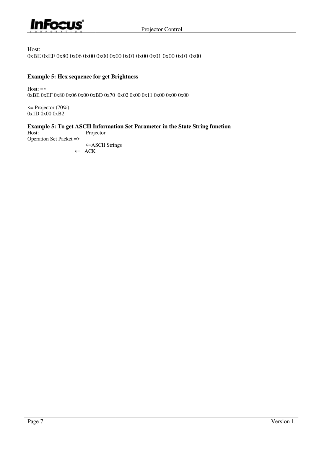 InFocus C85, C95, C105 manual Example 5 Hex sequence for get Brightness 