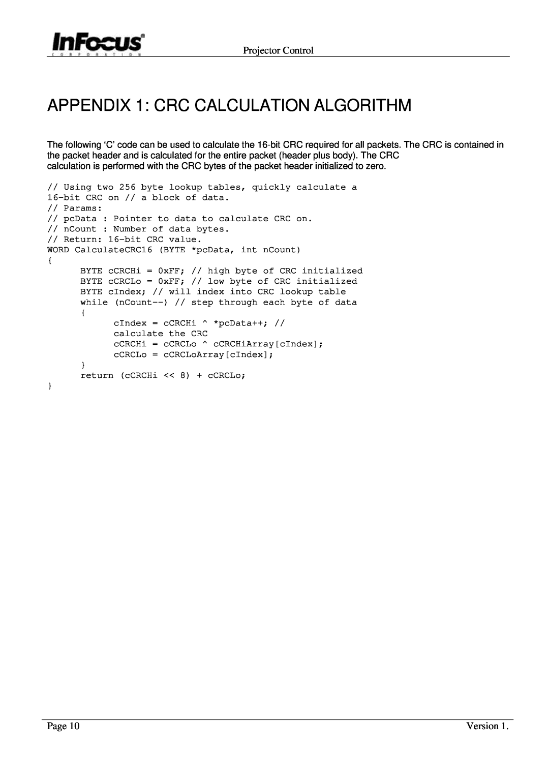 InFocus C85, C95, C105 manual APPENDIX 1 CRC CALCULATION ALGORITHM, Projector Control, Page, Version 