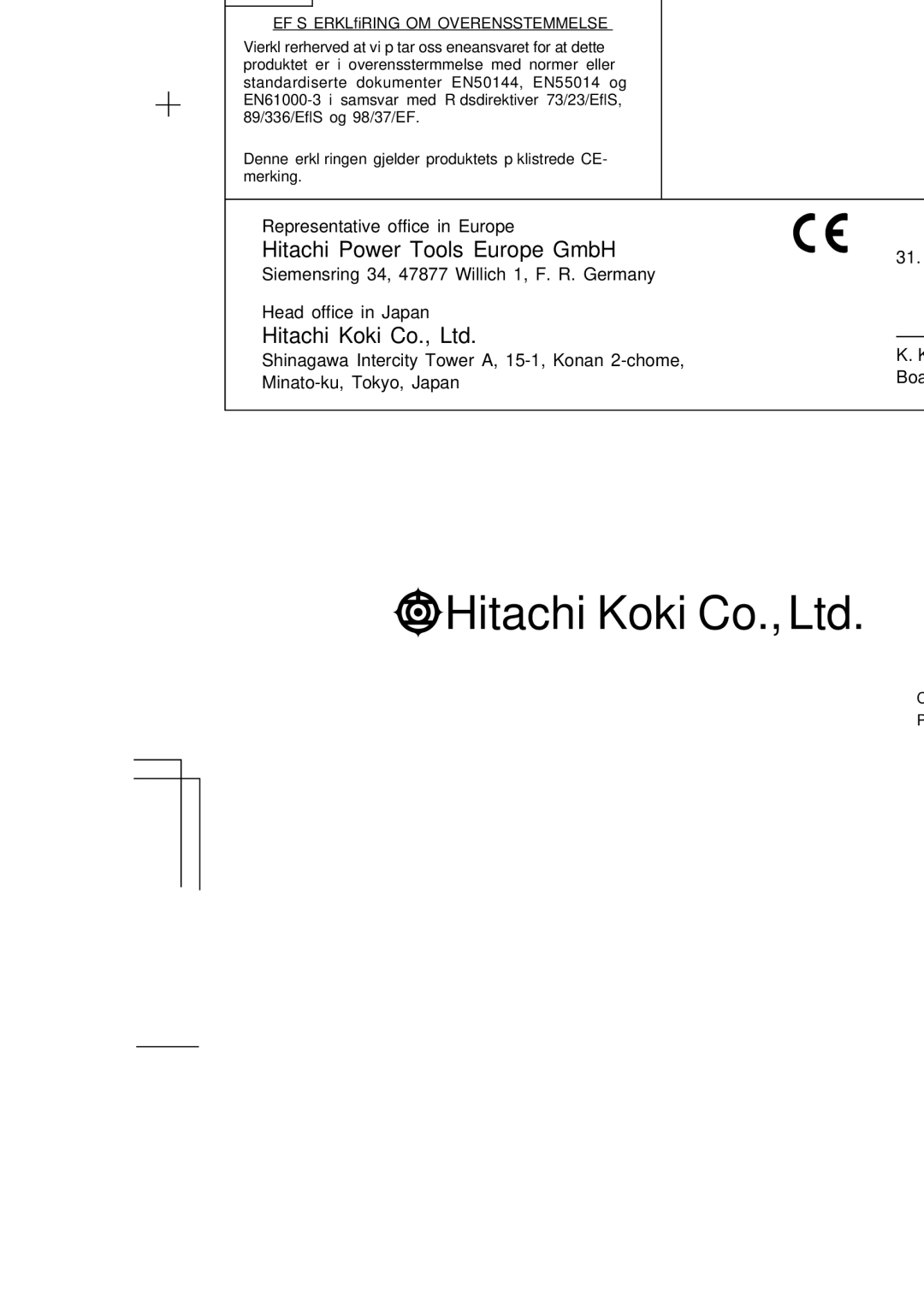 InFocus CJ120VA manual Hitachi Power Tools Europe GmbH, EF-DEKLARATION OM Ensartethed EC Declaration of Conformity 