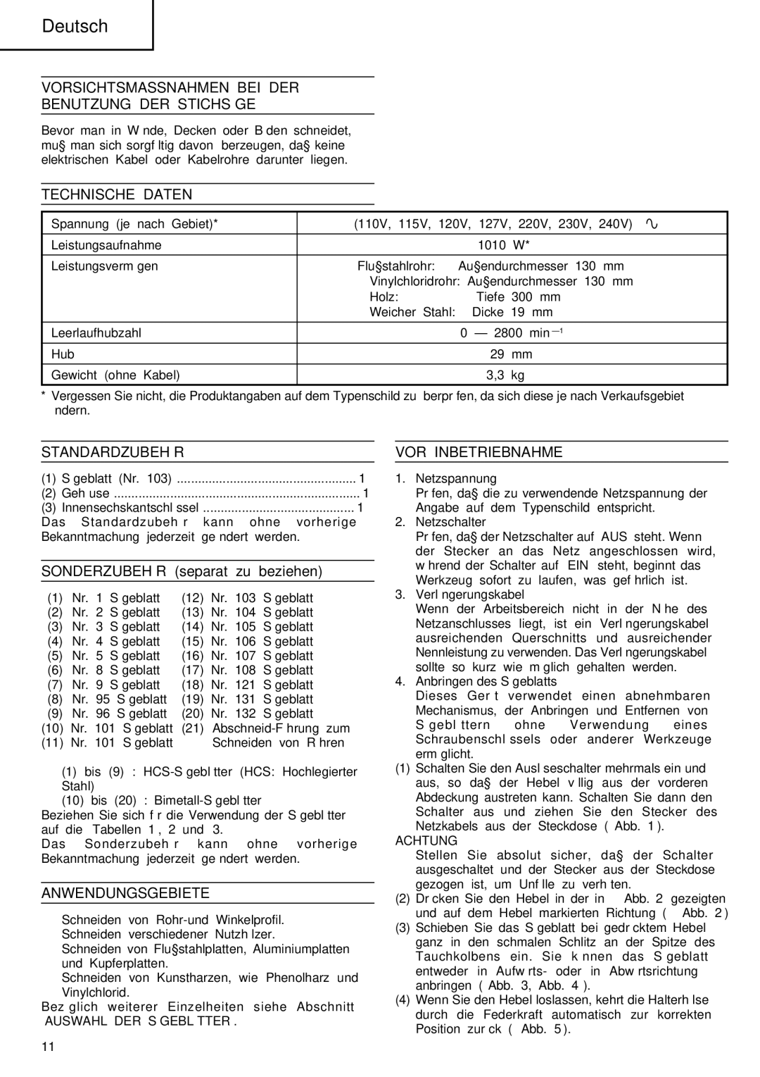 InFocus CR 13V Vorsichtsmassnahmen BEI DER Benutzung DER Stichsäge, Technische Daten, Standardzubehör, Anwendungsgebiete 