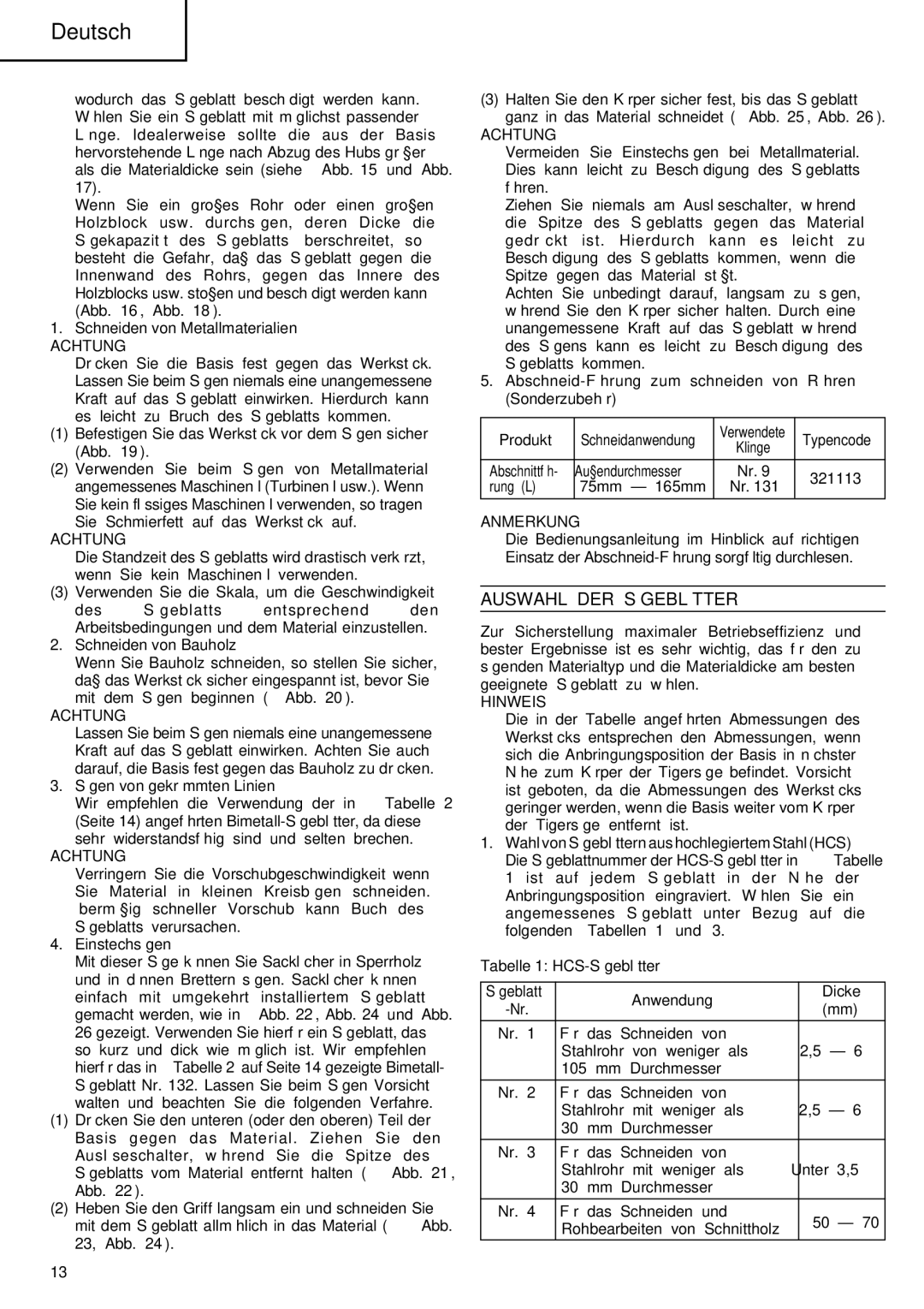 InFocus CR 13V manual Auswahl DER Sägeblätter, Anmerkung 