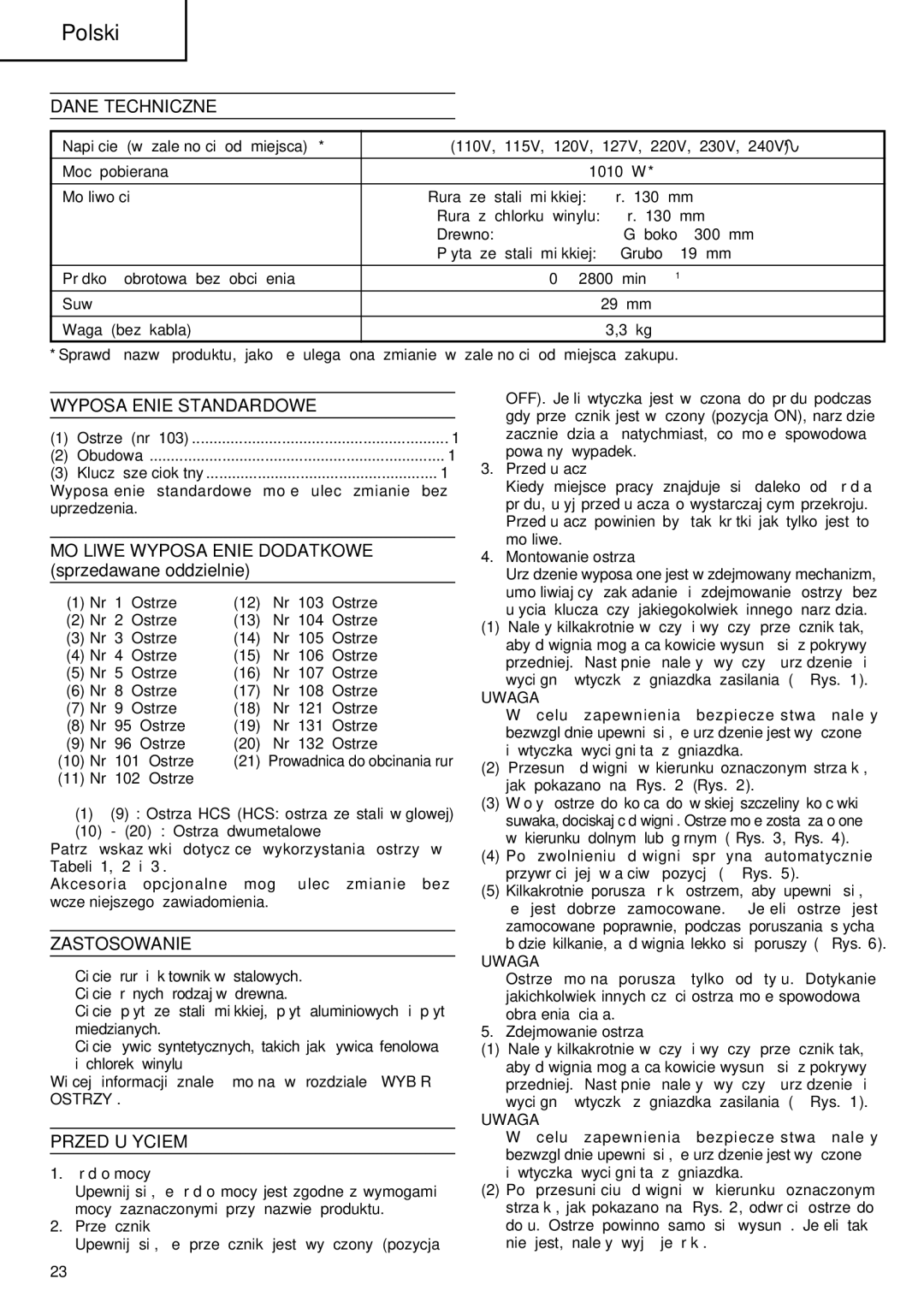 InFocus CR 13V manual Dane Techniczne, Wyposażenie Standardowe, MOŻLlWE Wyposażenie Dodatkowe sprzedawane oddzielnie 