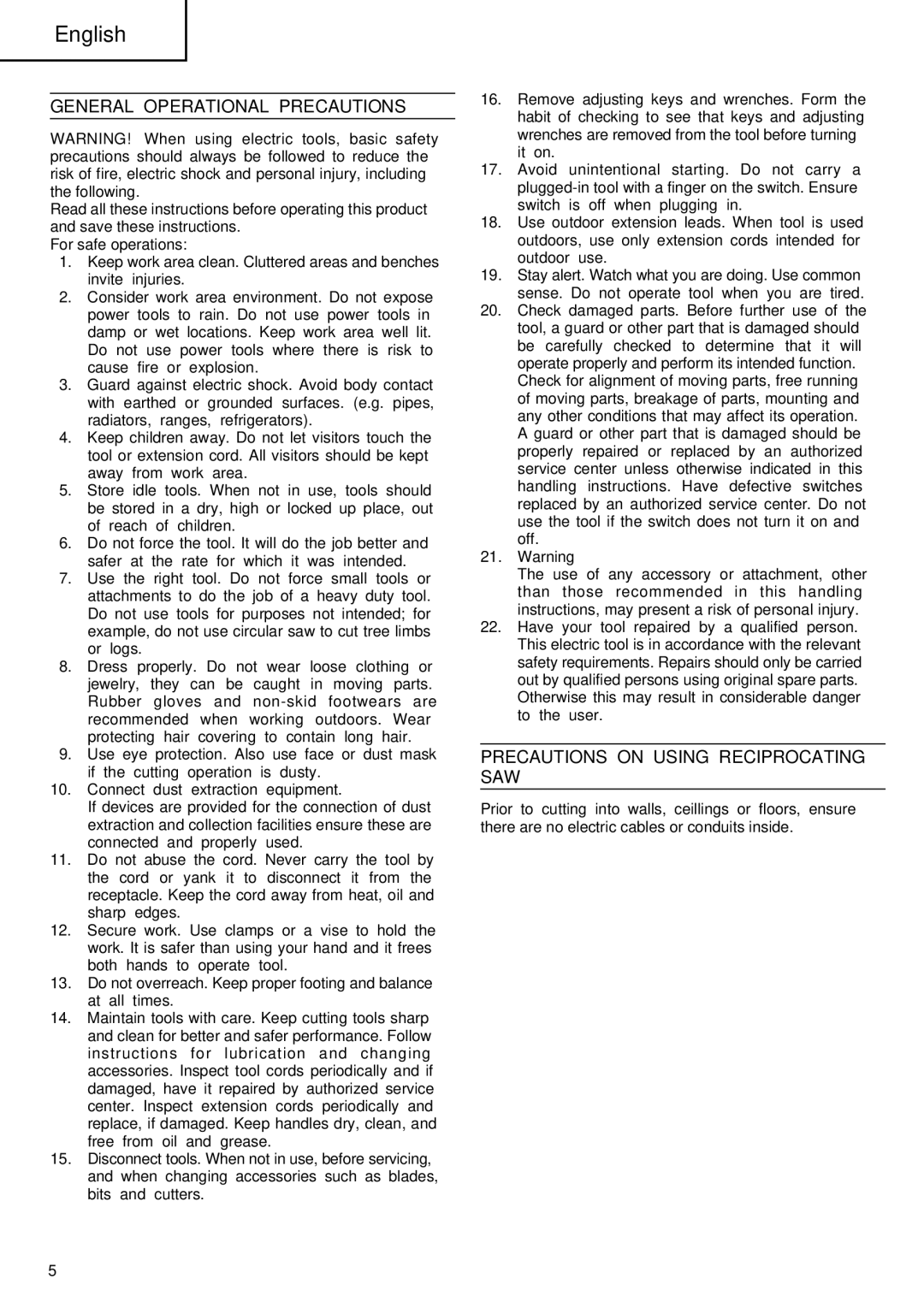 InFocus CR 13V manual English, General Operational Precautions, Precautions on Using Reciprocating SAW 