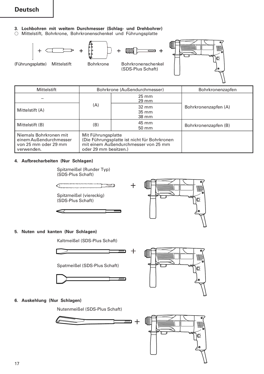 InFocus DH 24PC manual Lochbohren mit weitem Durchmesser Schlag- und Drehbohrer, Aufbrecharbeiten Nur Schlagen 