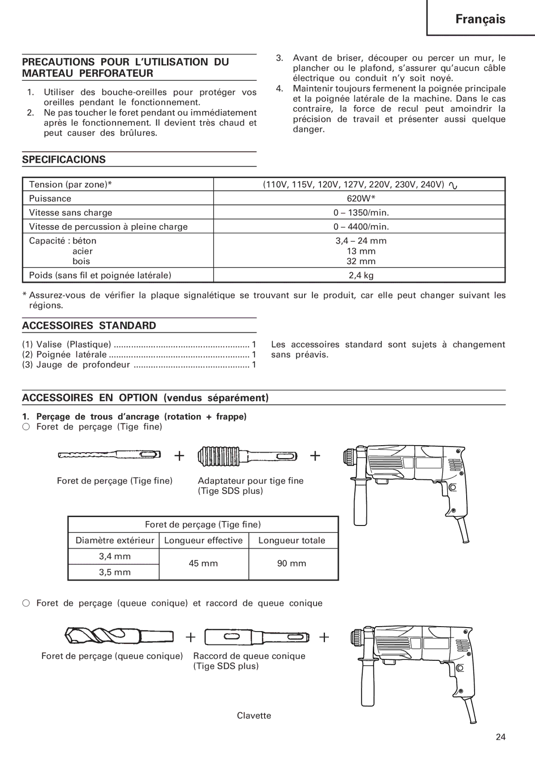 InFocus DH 24PC manual Precautions Pour L’UTILISATION DU Marteau Perforateur, Specificacions, Accessoires Standard 