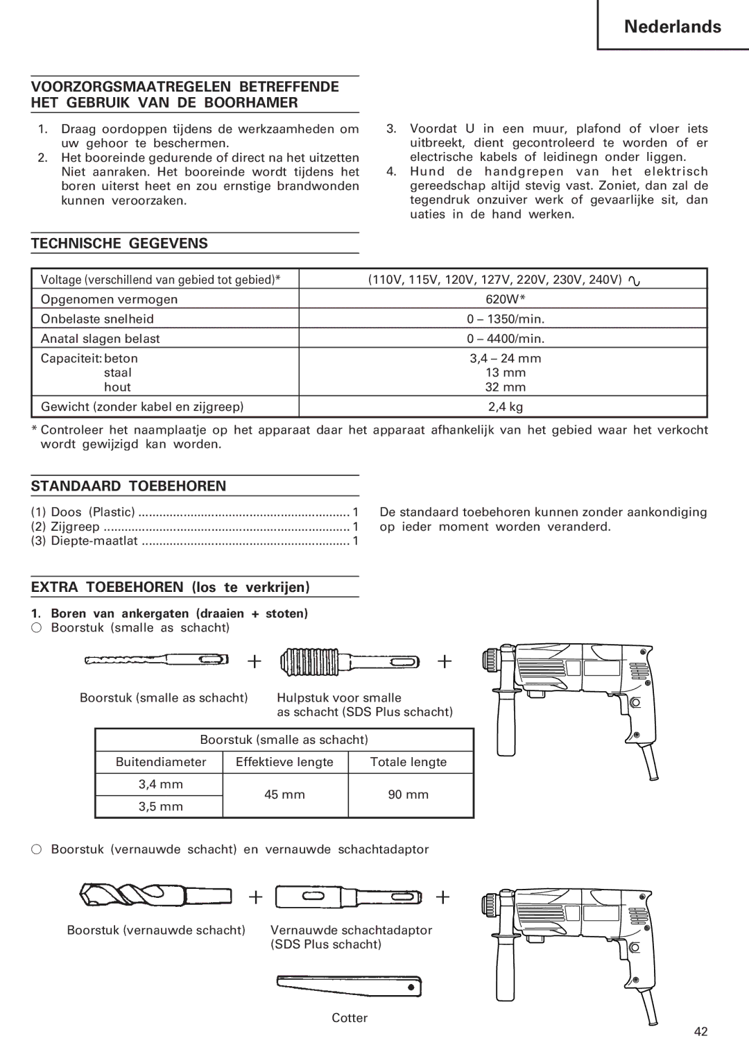 InFocus DH 24PC manual Technische Gegevens, Standaard Toebehoren, Boren van ankergaten draaien + stoten 