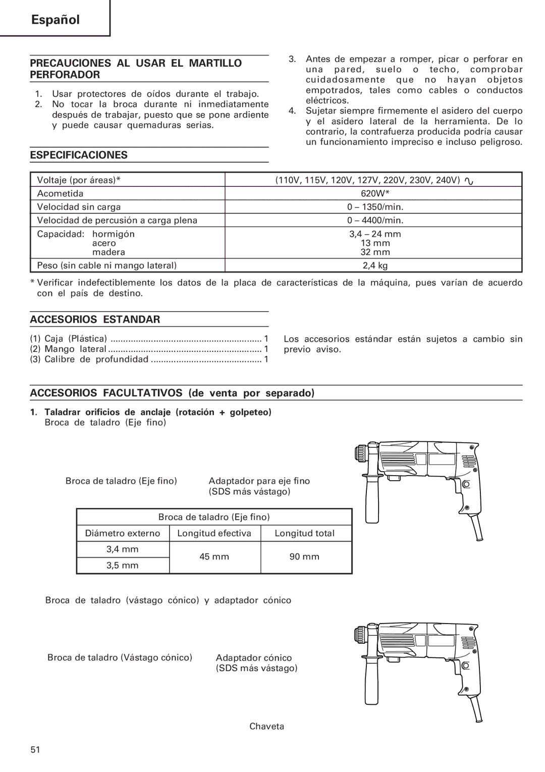 InFocus DH 24PC manual Precauciones AL Usar EL Martillo Perforador, Especificaciones, Accesorios Estandar 