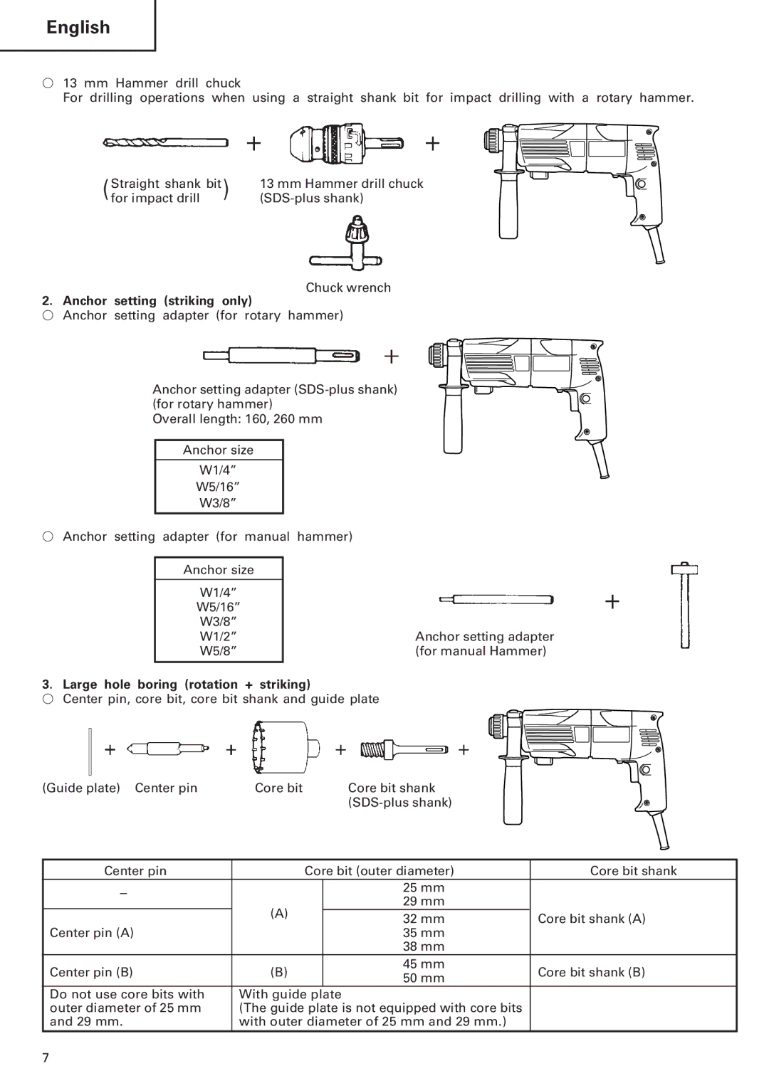 InFocus DH 24PC manual Anchor setting striking only, Large hole boring rotation + striking 