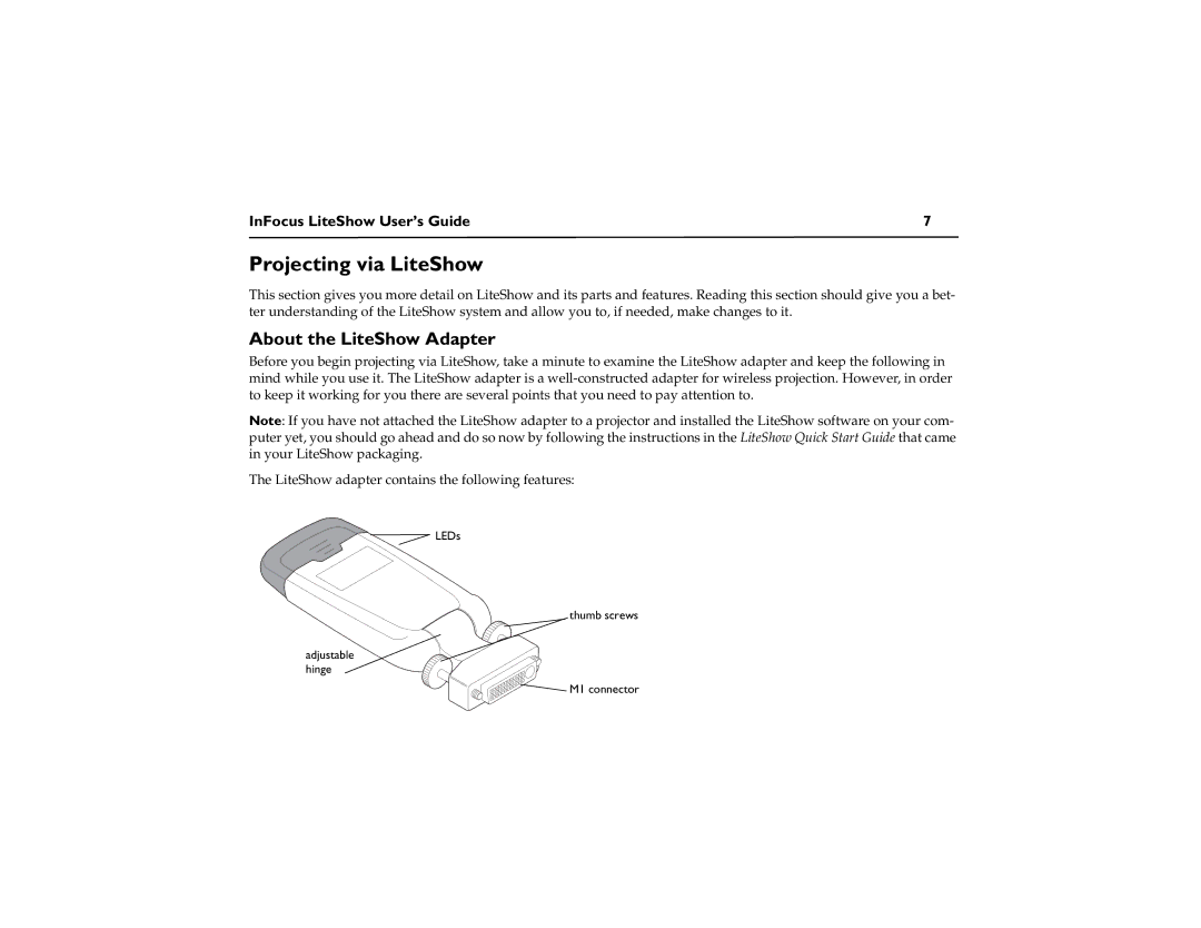 InFocus DP1200x M1, DP6500x M2 manual Projecting via LiteShow, About the LiteShow Adapter 
