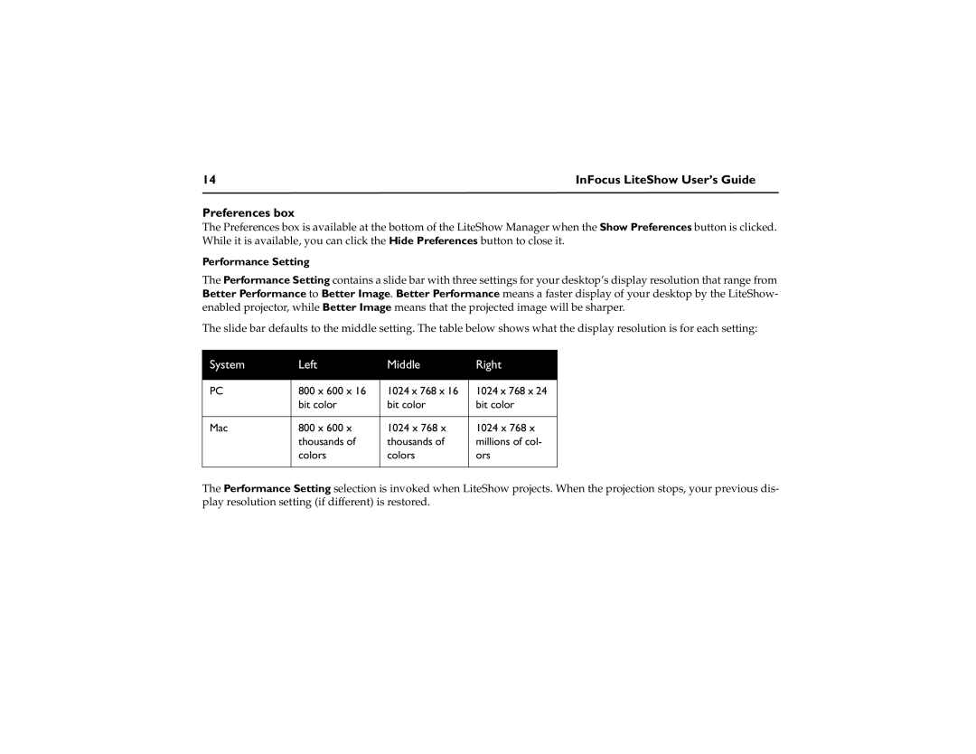 InFocus DP6500x M2, DP1200x M1 manual Preferences box, Performance Setting 