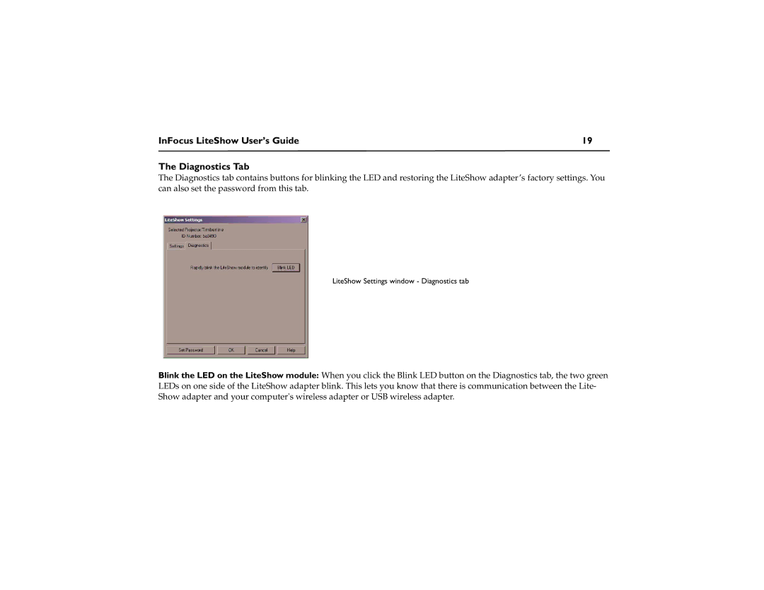 InFocus DP1200x M1, DP6500x M2 manual InFocus LiteShow User’s Guide Diagnostics Tab 