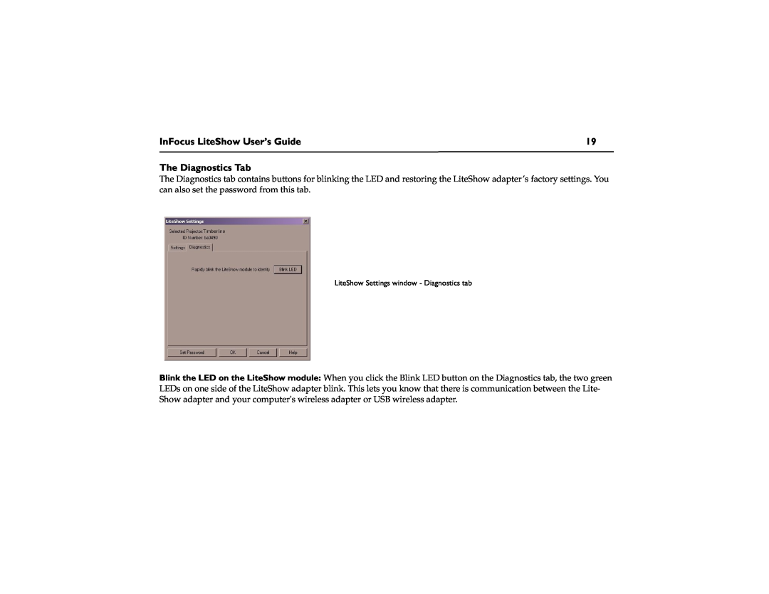 InFocus DP1200x M1 manual The Diagnostics Tab, InFocus LiteShow User’s Guide, LiteShow Settings window - Diagnostics tab 