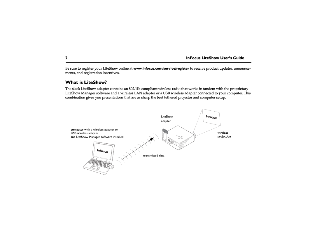 InFocus DP6500x M2, DP1200x M1 What is LiteShow?, InFocus LiteShow User’s Guide, LiteShow adapter, wireless projection 